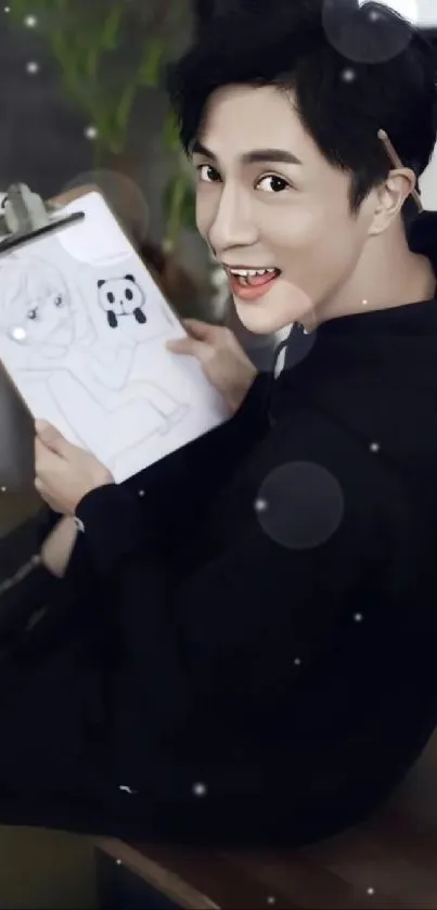 Young man sketching character and panda in playful artistic pose on clipboard.