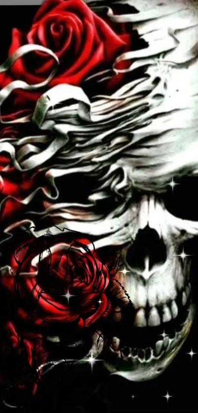 Artistic skull with red roses on dark background.