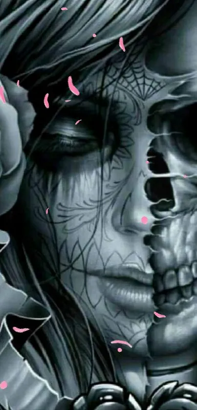 Half skull half face with roses in grayscale art wallpaper.