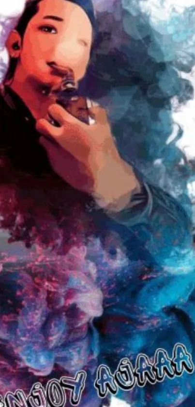 Artistic portrait with colorful smoke on a mobile wallpaper.