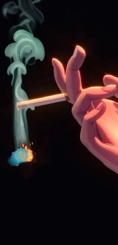 Artistic depiction of a hand holding a cigarette with colorful smoke.