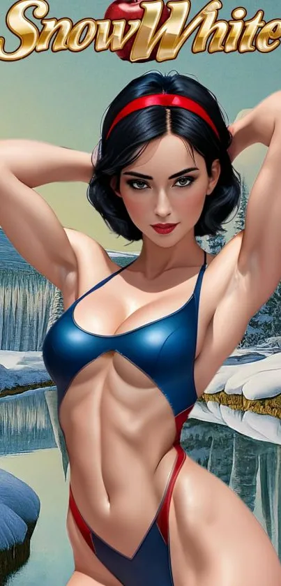 Artistic rendition of a modern Snow White in a fantasy setting with a snowy backdrop.