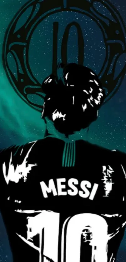 Artistic silhouette of famous soccer player with galaxy background.