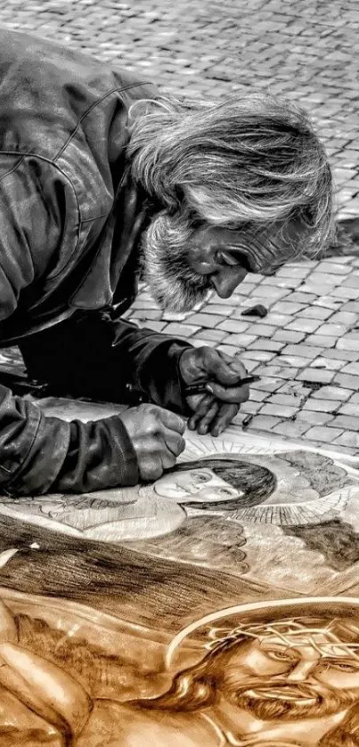 Artist drawing with chalk on street in monochrome setting. Perfect mobile wallpaper.