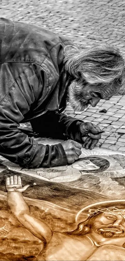 Street artist creating vibrant chalk art on pavement.