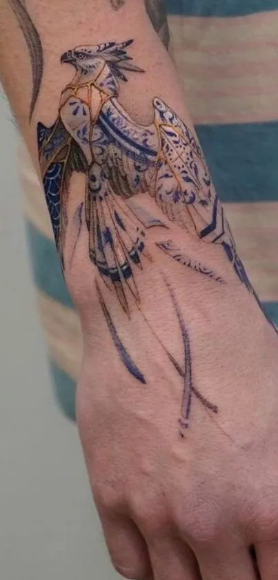 Artistic tattoo design on an arm, featuring elaborate linework.