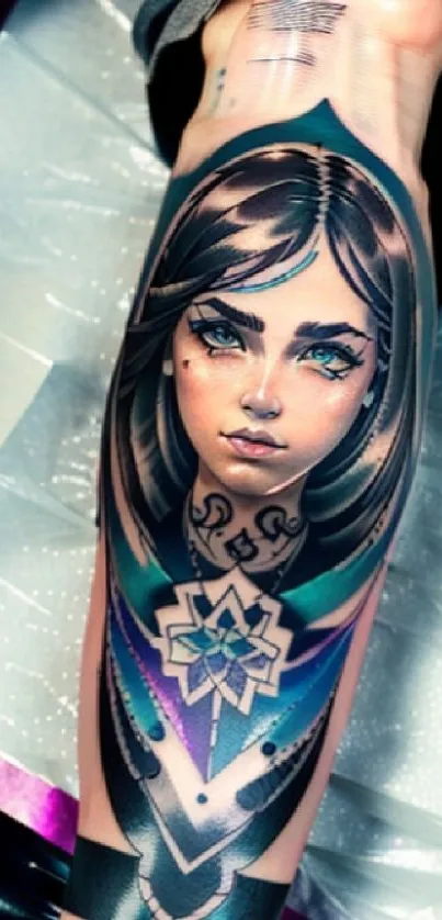 Vibrant tattoo of woman's face on an arm.