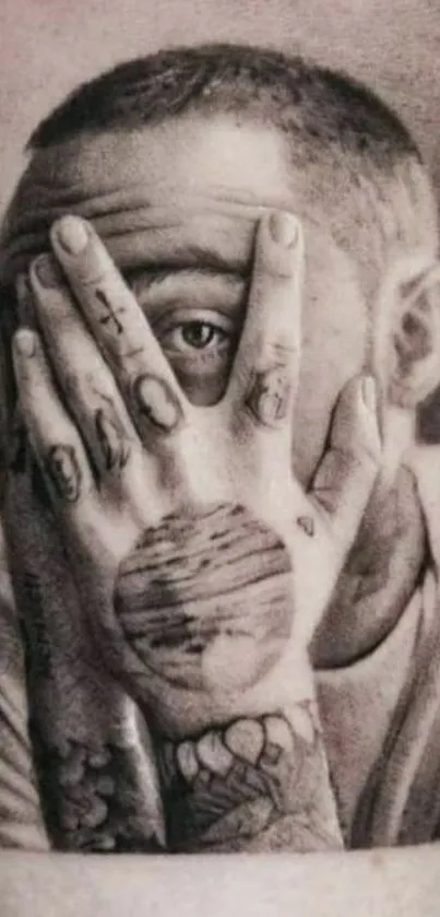 Monochrome tattoo art depicting an expressive face with hand covering.