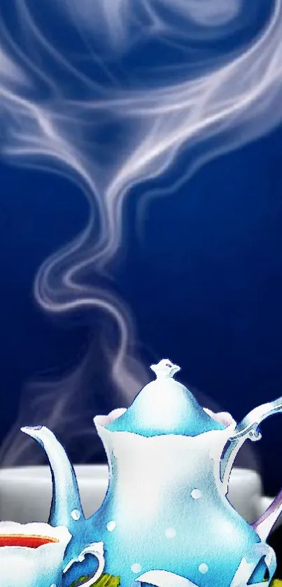 Artistic teapot with swirling smoke on blue background.