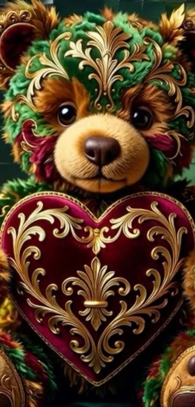 Artistic teddy bear with ornate heart design in rich colors.