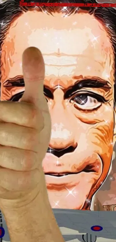 Artistic wallpaper with a thumbs-up hand and a stylized face.