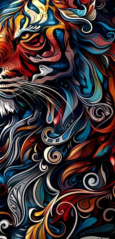 Artistic tiger illustration with vibrant swirling patterns.