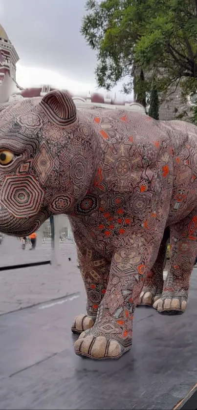 Intricate, colorful tiger statue in urban setting.