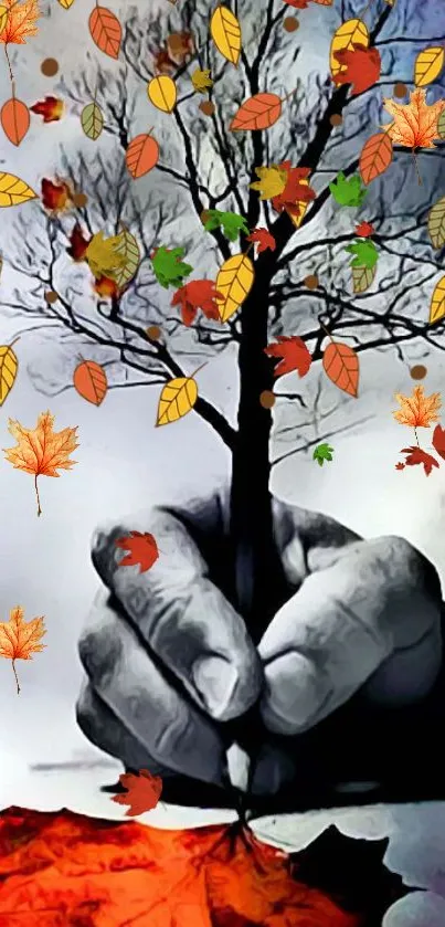 Artistic mobile wallpaper of tree with vibrant autumn leaves.