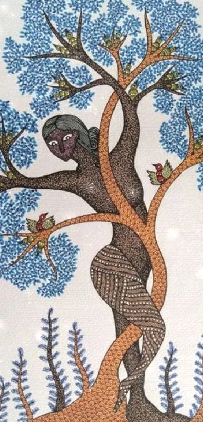 Artistic tree with a woman entwined, featuring blue leaves.