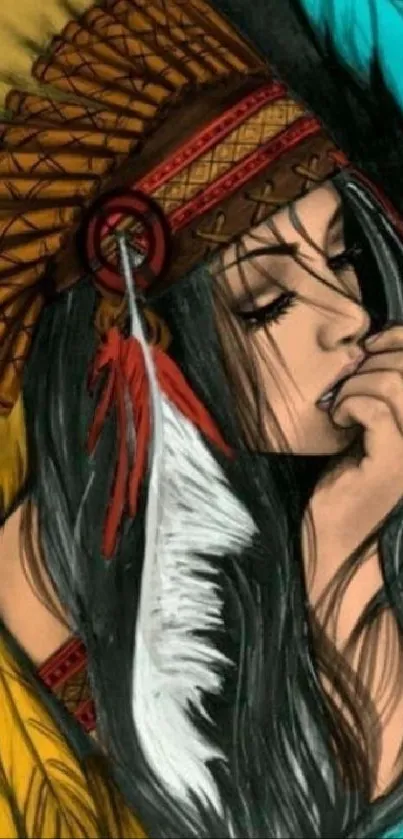Native American woman with colorful feathers in an artistic mobile wallpaper.