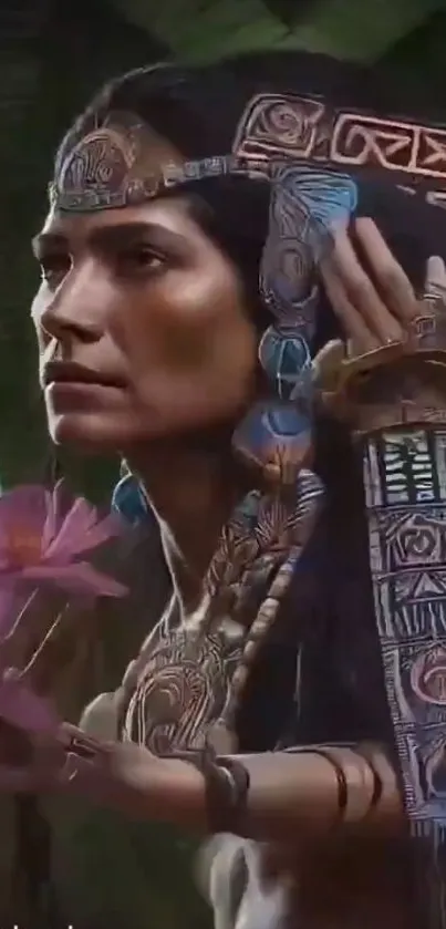 Artistic portrayal of a tribal woman with vibrant colors and cultural patterns.