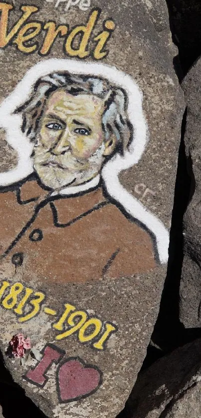 Painted rock tribute to Giuseppe Verdi vividly displayed on a rocky surface.