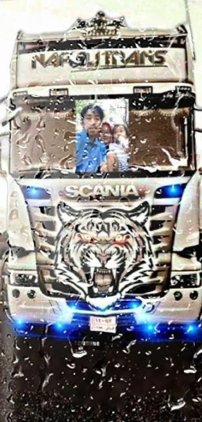 Artistic truck with tiger design in rain.