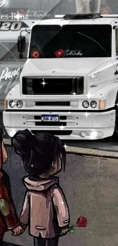 Children admire a Mercedes truck in artistic illustration.