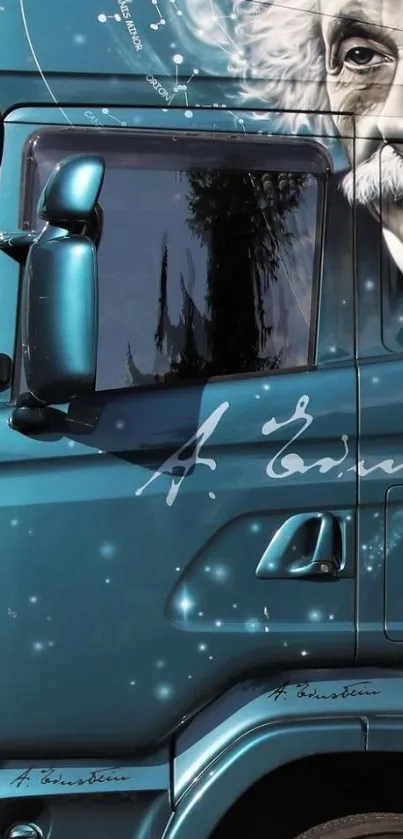 Artistic truck wallpaper with Einstein's portrait and turquoise hues.