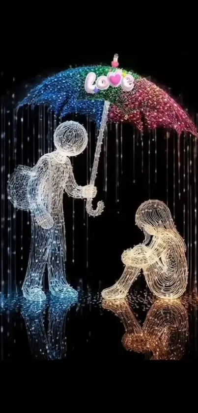 Luminous figures under a colorful umbrella art.