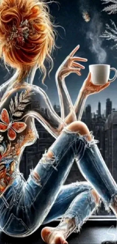 Tattooed woman enjoys coffee with urban skyline backdrop.