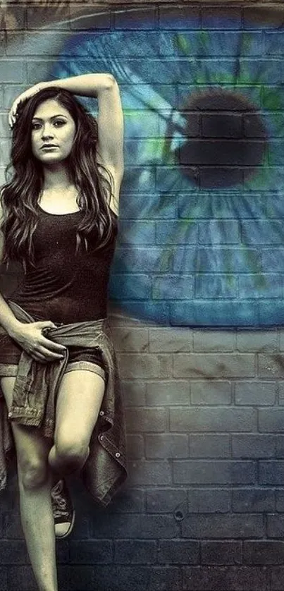 Urban style wallpaper with eye mural and fashion model against brick wall.