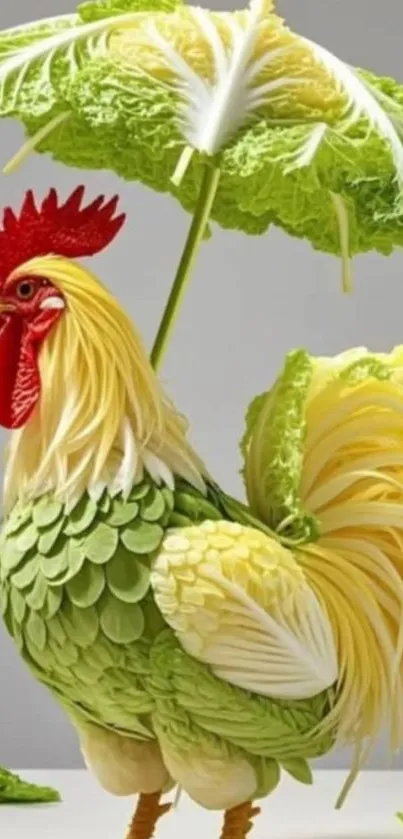 Colorful rooster made of vegetables under a leafy canopy.
