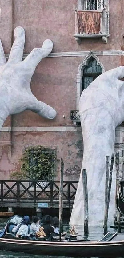 Venice canal view with large sculpted hands.