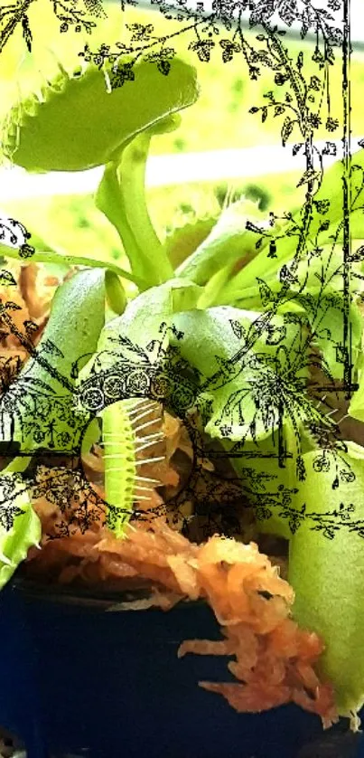 Venus flytrap wallpaper with artistic design and green foliage.