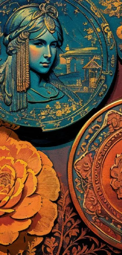 Intricate vintage floral art with ornate elements in vibrant colors.
