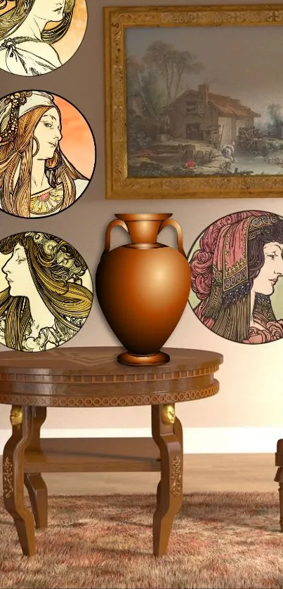 Artistic wallpaper with vintage portraits and a warm brown vase on a wooden table.