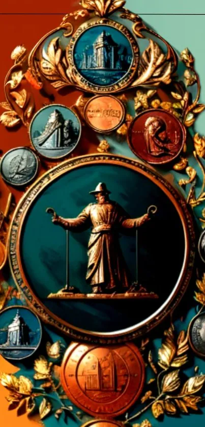 Vintage-themed wallpaper with teal and orange decorative elements and central statue.