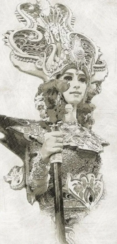 Sketch of a warrior with a detailed headdress and armor in monochrome tones.