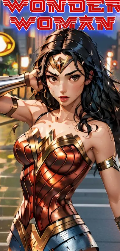 Artistic depiction of a warrior woman in a vibrant urban setting.