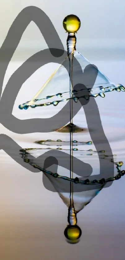 Abstract water droplet reflecting with blue and golden hues on wallpaper.