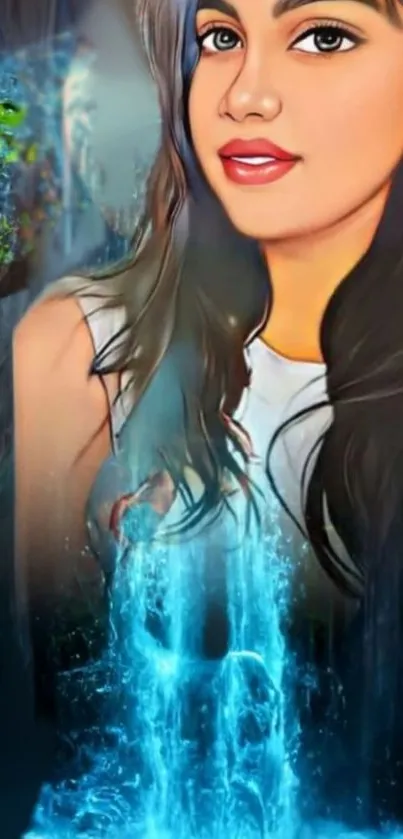 Vibrant artistic portrait featuring a waterfall on a mobile wallpaper.