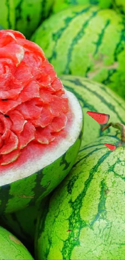 Carved red watermelon surrounded by whole green watermelons.