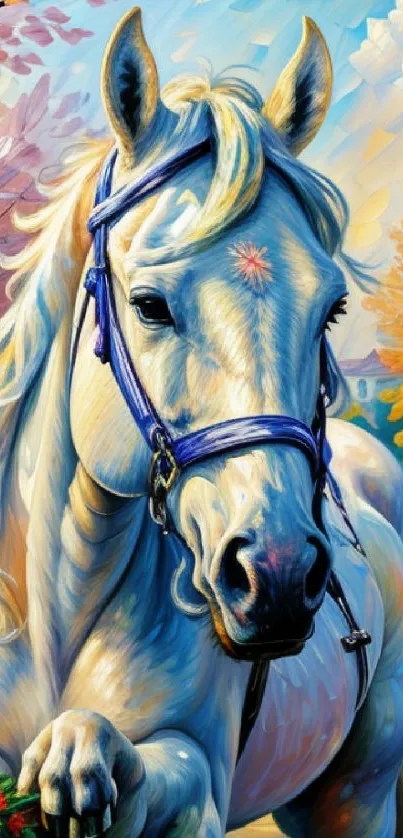 Artistic painting of white horse with colorful background.