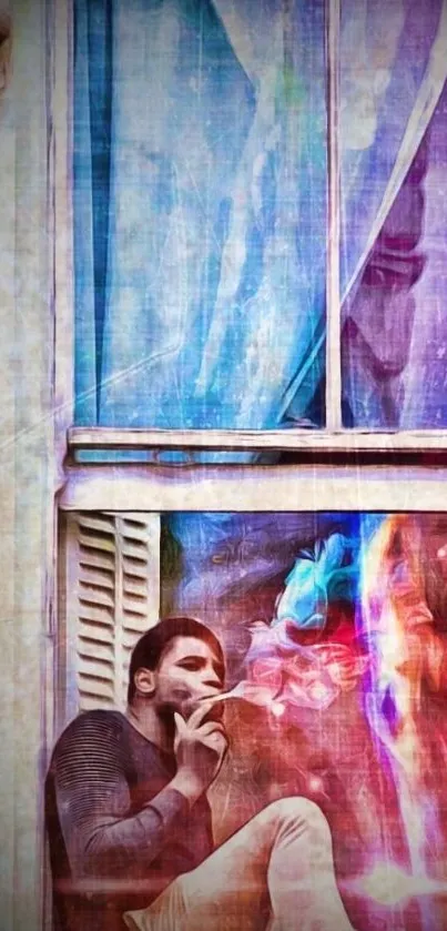 Man seated by window exhaling vibrant smoke.