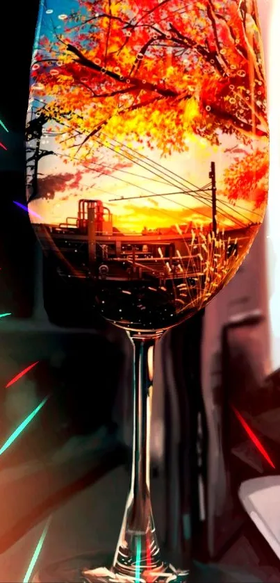 Sunset cityscape reflected in wine glass with autumn colors.