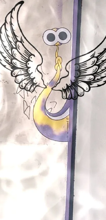 Artistic winged abstract design in purple and yellow.