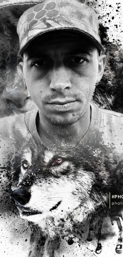 Artistic blend of man's face and wolf in black and white.