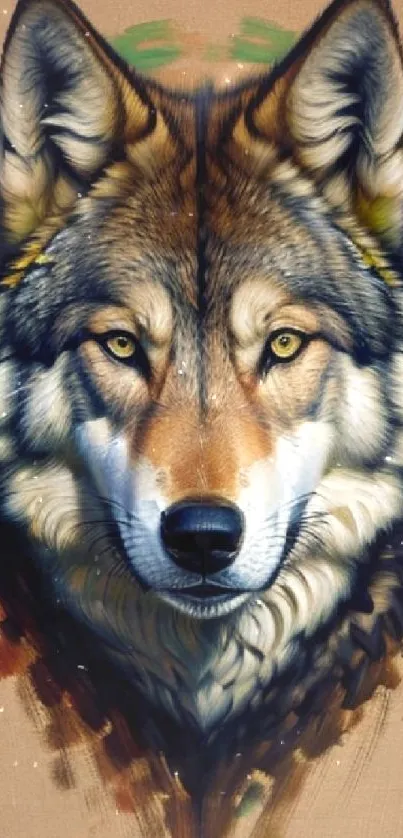 Artistic wolf portrait on rustic background.