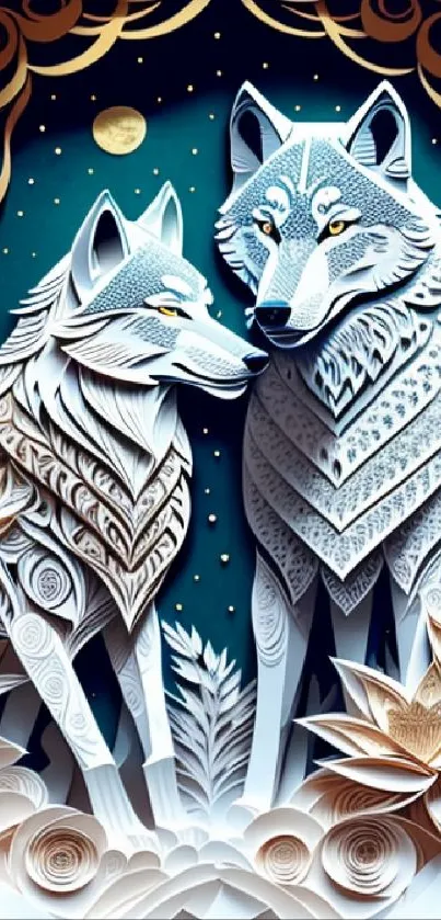 Intricate paper art of wolves under a moonlit sky, showcasing detailed craftsmanship.