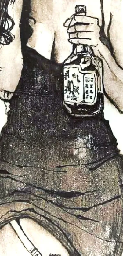 Illustration of a woman in a black dress holding a bottle, in a monochrome style.