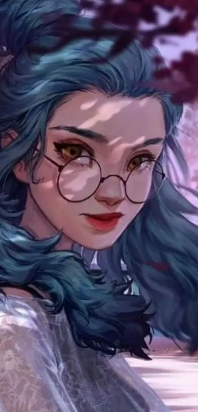 Artistic woman with blue hair and glasses wallpaper.