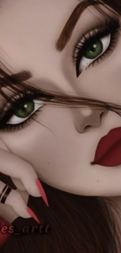 Artistic digital portrait wallpaper of a woman with green eyes.