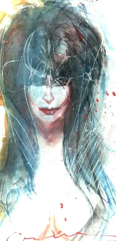 Artistic watercolor portrait of a mysterious woman with blue and red hues.